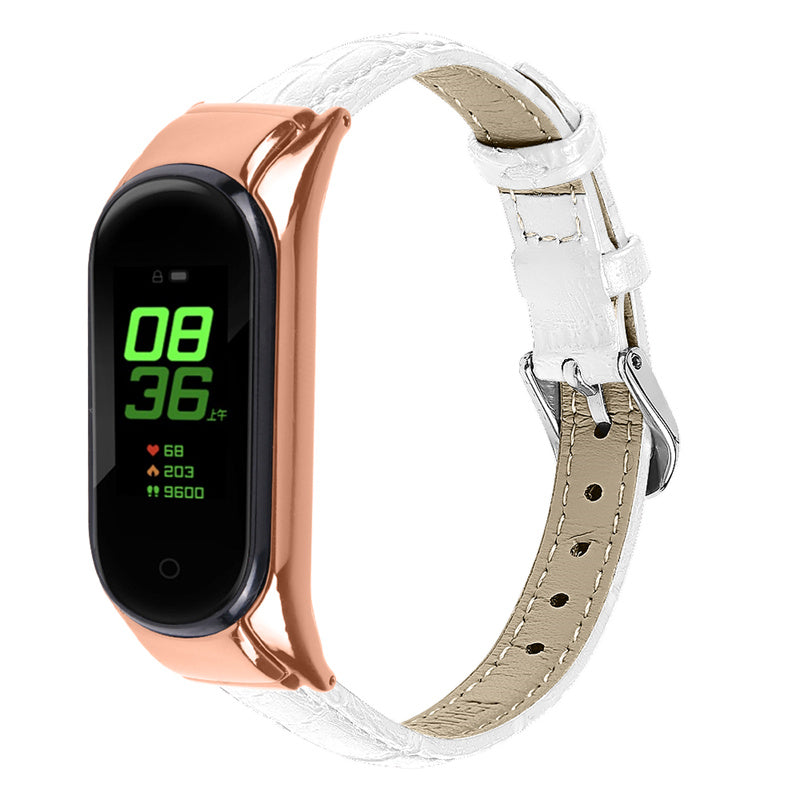 For Xiaomi Mi Band 7 Bamboo Grain Top Layer Cowhide Leather Buckle Design Watch Band with Rose Gold Watch Cover For Xiaomi Mi Band 7 Bamboo Grain Top Layer Cowhide Leather Buckle Design Watch Band with Rose Gold Watch Cover